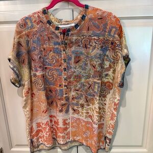 Johnny Was short sleeve silk shirt with embroidery.